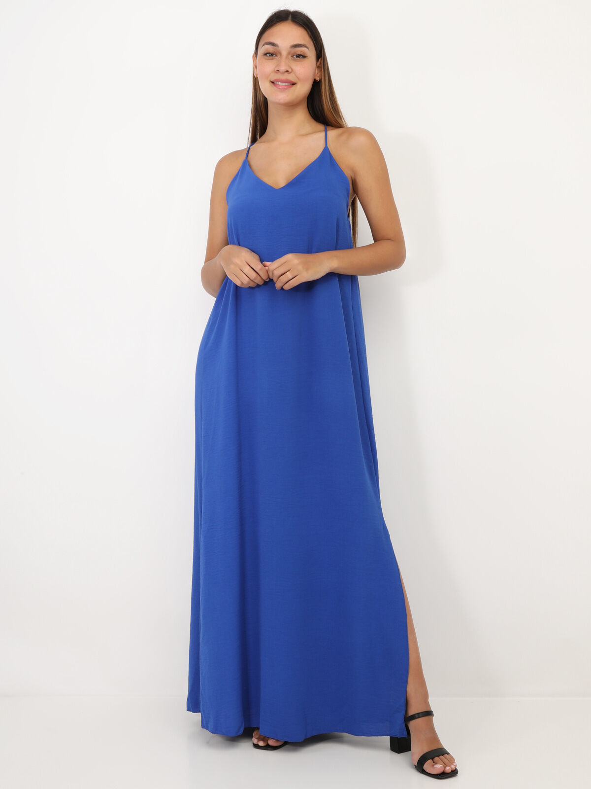 Robe longue fendue à dos croisé- Bleu