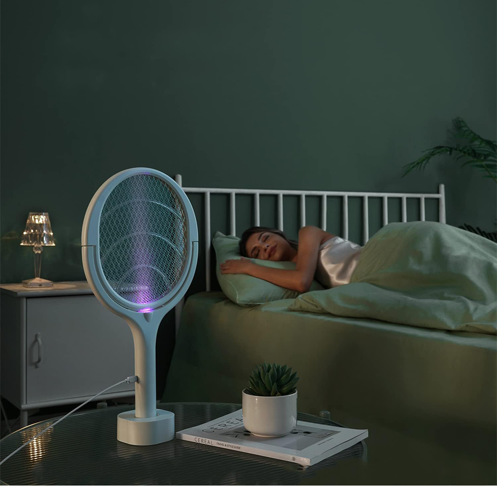 (45cm) 2in1 Elektrische USB Mücken Moskito Fliegenklatsche 90° Drehbarer Fliegenfänger Lampe Insektenvernichter mit LED Licht - Weiss