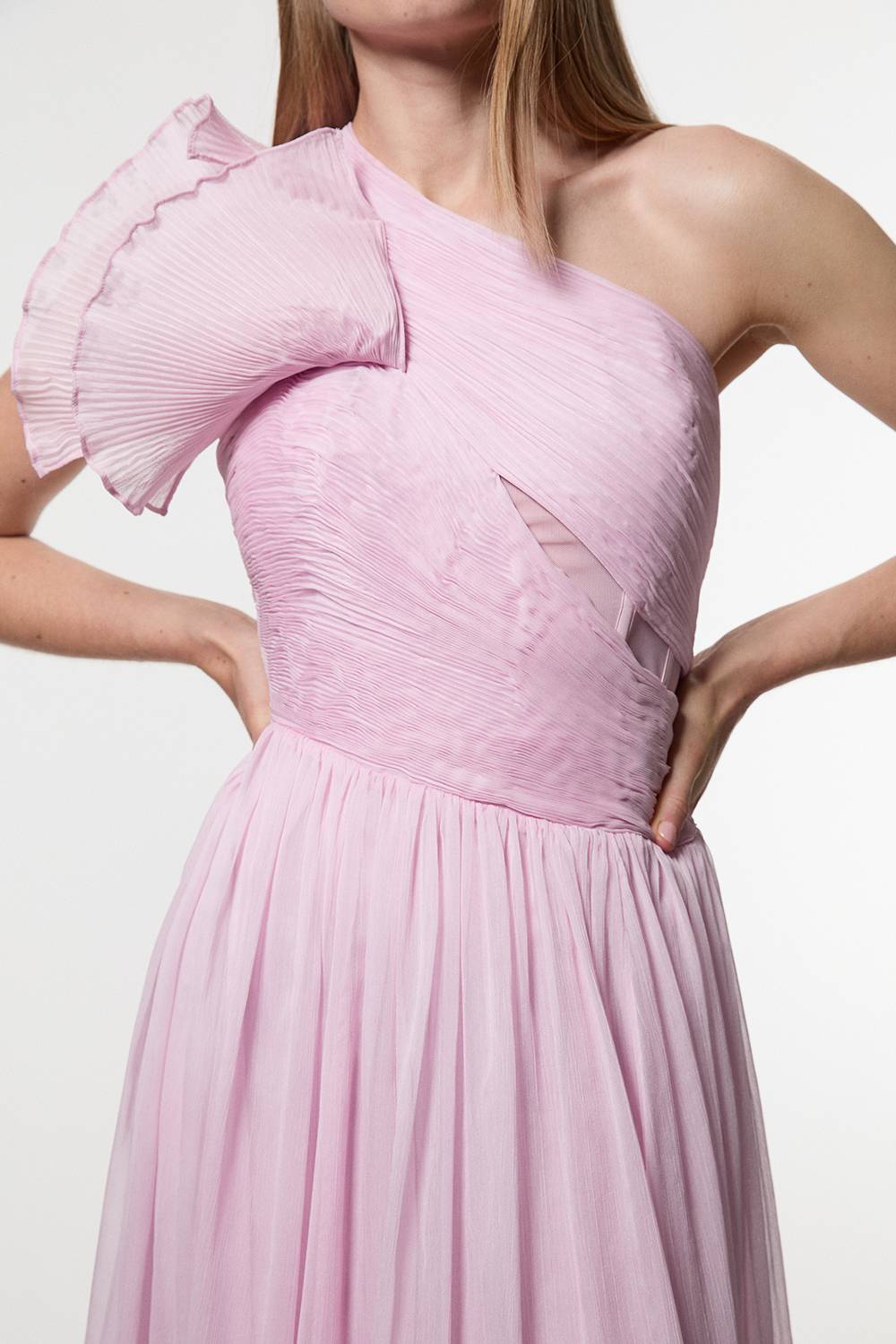 KarenMillen Digital Ophelia Crinkle Georgette Fine Pleated One Shoulder Woven Maxi Dress