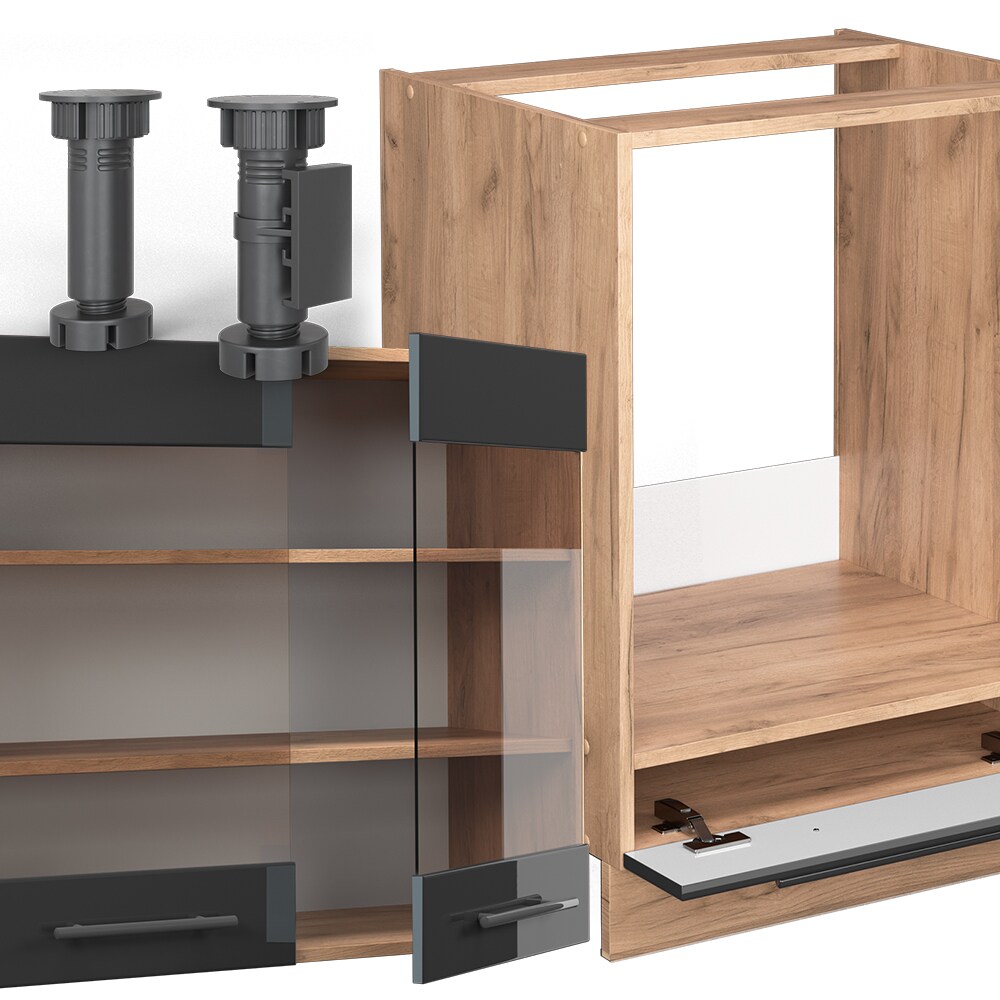 Vicco Eckküche Küchenzeile Einbauküche Fame-Line Eiche Anthrazit 190 cm modern Schubunterschrank Spülenunterschrank Eckunterschrank Herdumbauschrank Hängeglasschrank Hängeschrank Hochglanz