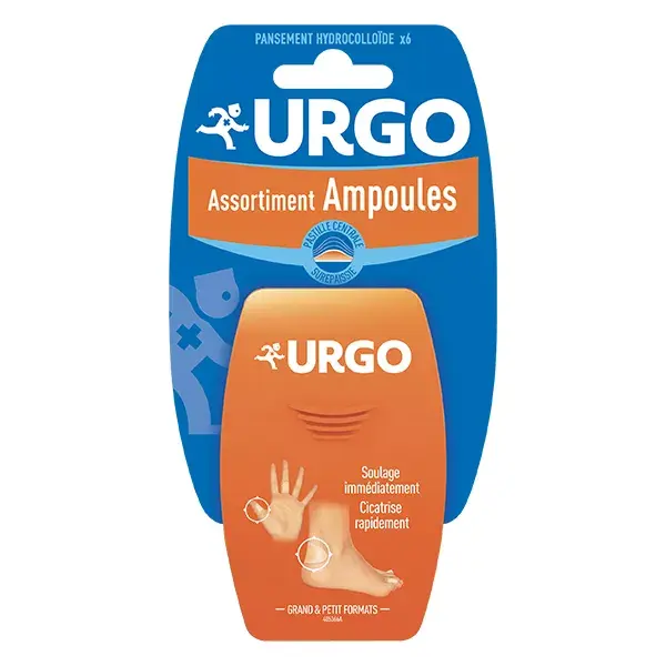 Curativos hidrocoloides Urgo para bolhas nos pés e mãos, pacote com 6 unidades.