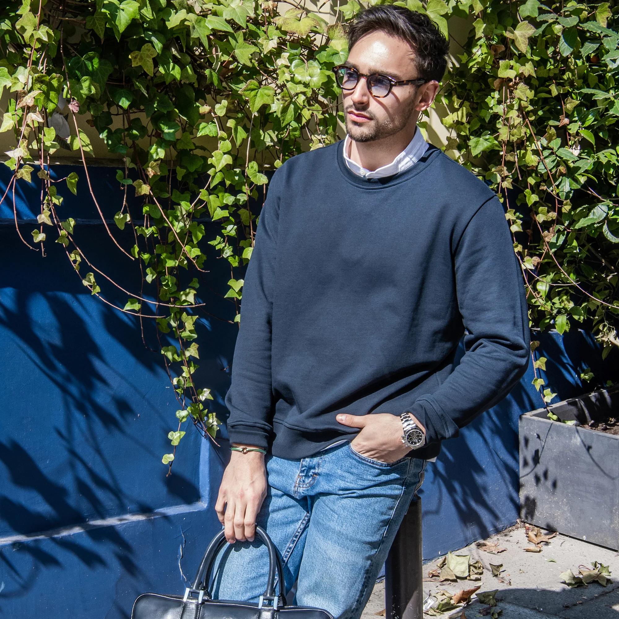 Sweat-shirt bleu marine col rond 100 % coton