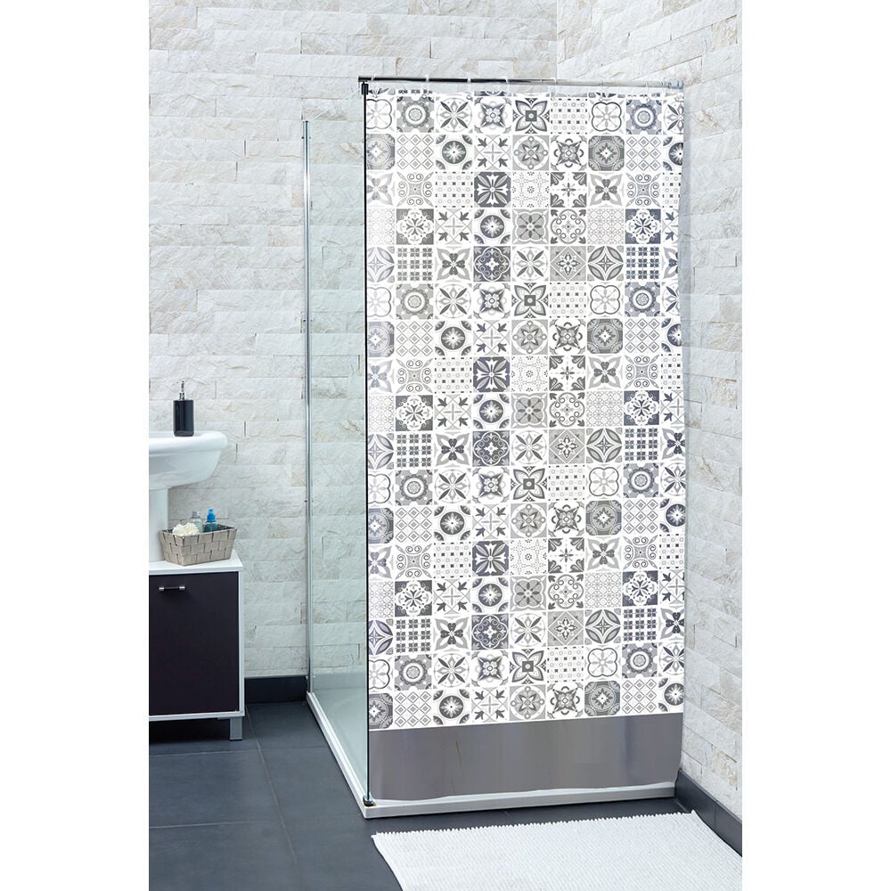 Rideau de douche blanc motif carreaux de ciment