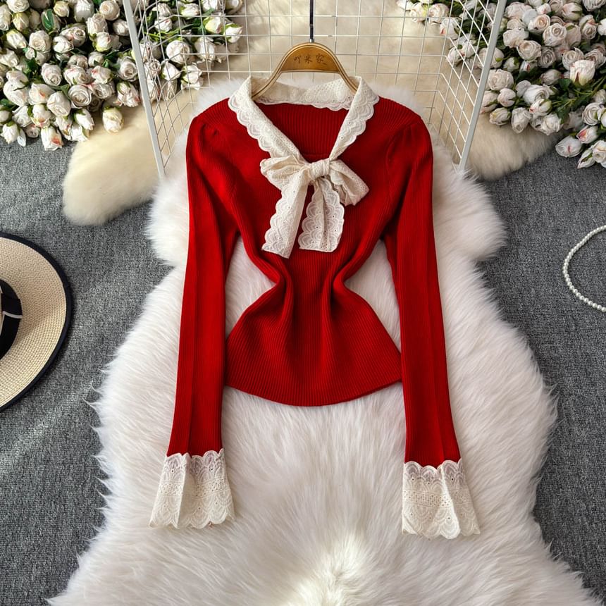 Yearnin - Set: lange mouwen, effen gebreide top met lintaccent + hoge taille mini-plooirok