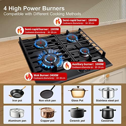 TopStrong Plaque de Cuisson Gaz 4 Feux, 60cm Plaque Gaz 4 Feux avec Sécurité Thermocouple, Cuisinière Encastrable, Naturel/Propane, 8060W, 220 240 V, Verre Noir : Gros électroménager