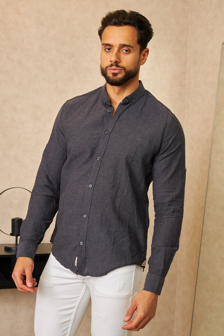 Chemise en lin noire chiné manches longues