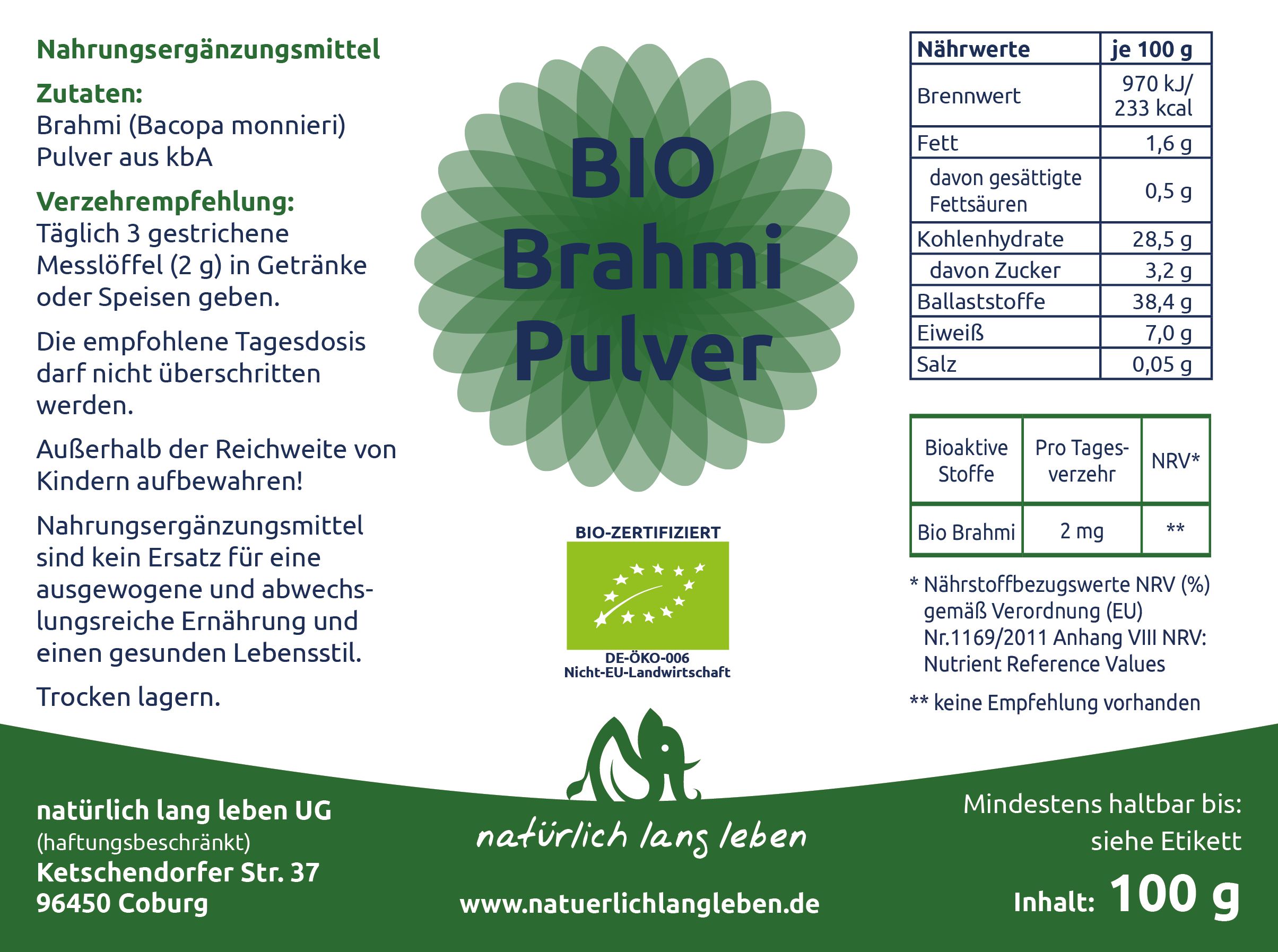 natürlich lang leben BIO Brahmi Pulver
