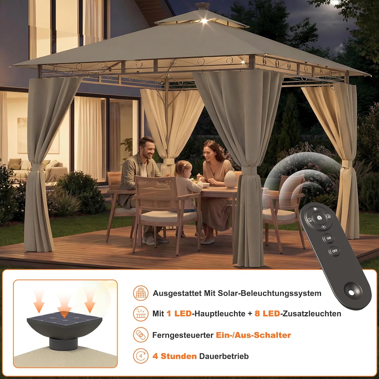 Devoko Garden Pavillon 3x3 Wasserdicht Stabil Winterfest Deluxe Gazebo, UV-Schutz 50+ Doppellagiges Grilpavillons mit seitenwänden für 4-8 Personen, Partyzelt für Freizeit, Partys, Beige mit LED