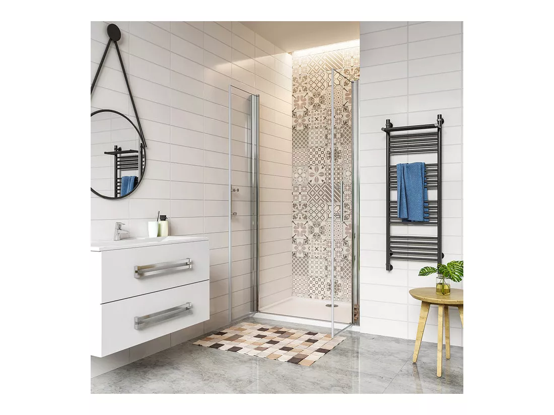 Porte de douche battante 80x197cm en 6mm verre anticalcaire avec receveur de douche blanc 80x70x3cm