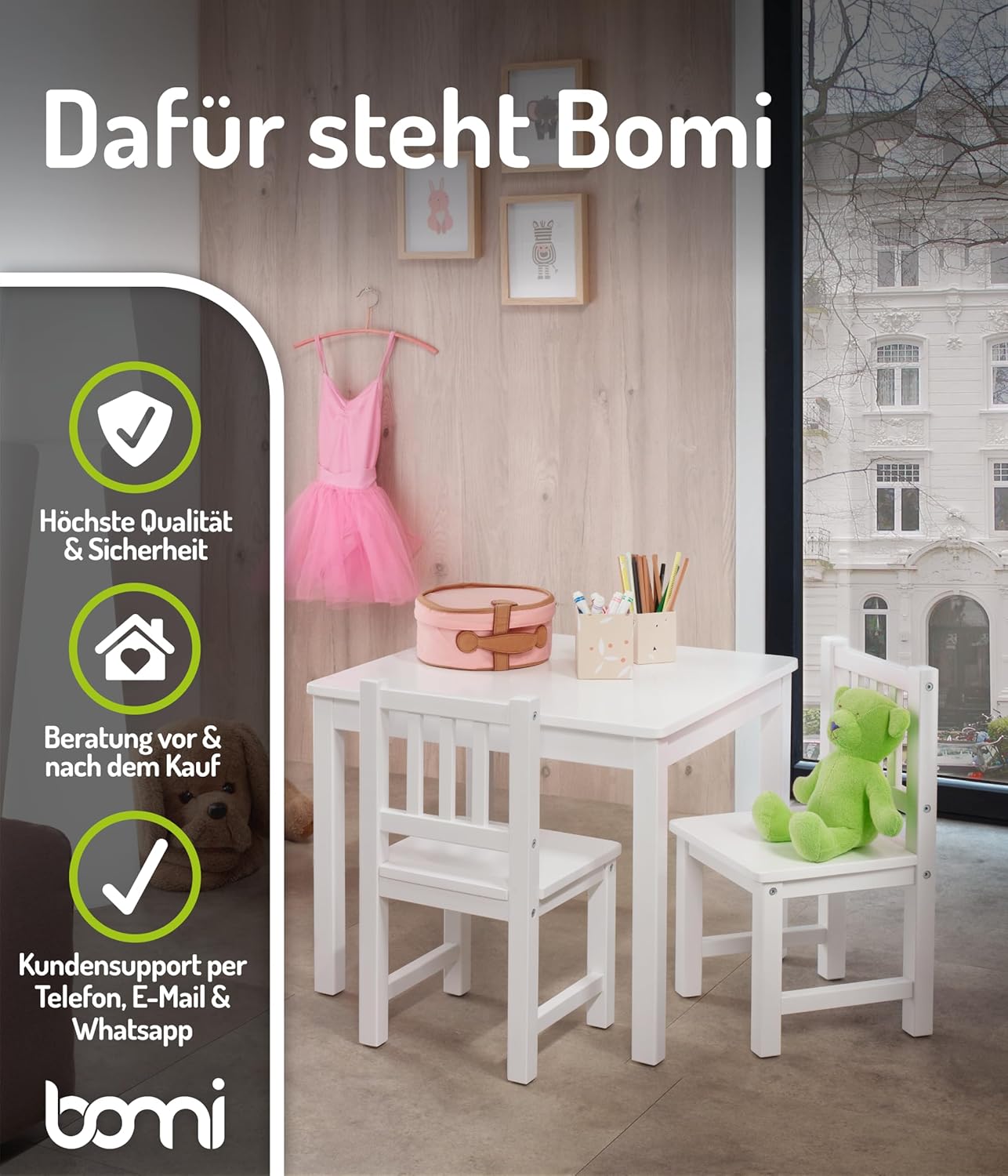 Bomi Spielsitzgruppe 4 Stühlchen Baby mit Tisch | Amy aus FSC nachhaltigem Kiefer Massiv Holz | Kinder Möbel Mädchen und Jungen | Sitzgruppe in Weiss