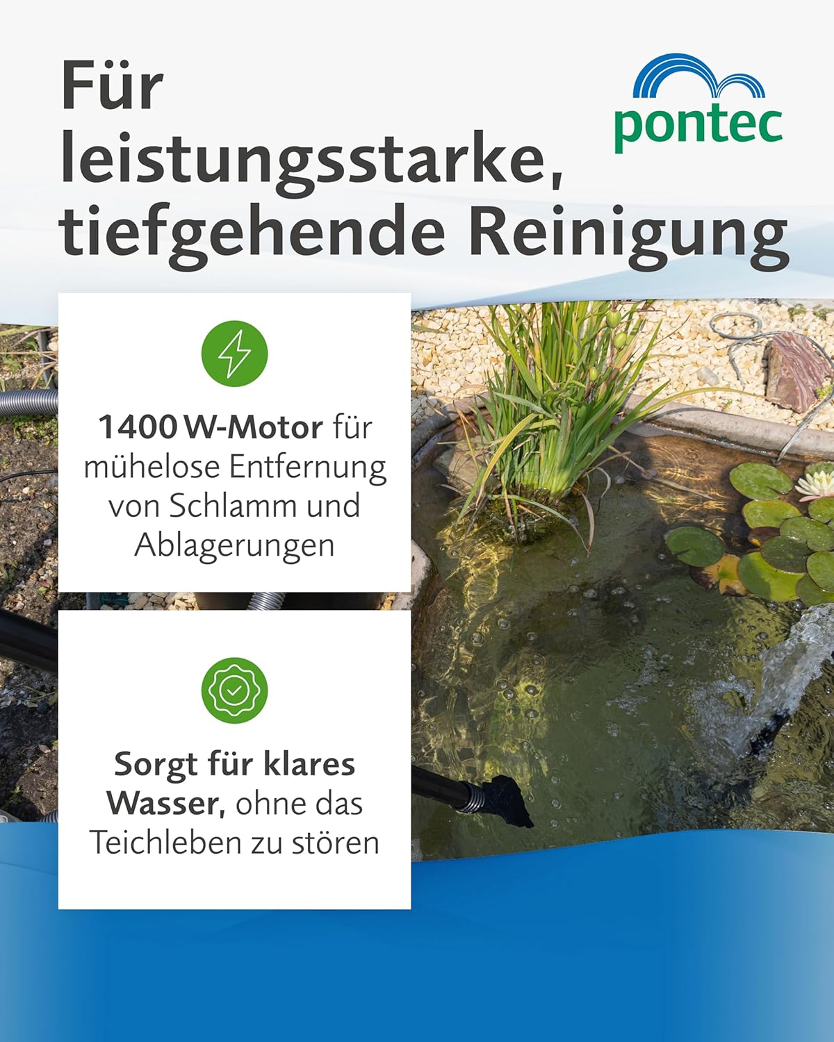 Pontec Pondomatic Teichschlammsauger (1400 W) Teichsauger Schlammsauger Teich für einen Sauberen Teichboden, 30 L Auffangvolumen, Inklusive 3 Düsen und 4 M Kabel, 2 Jahre Garantie, Deutsche Technik