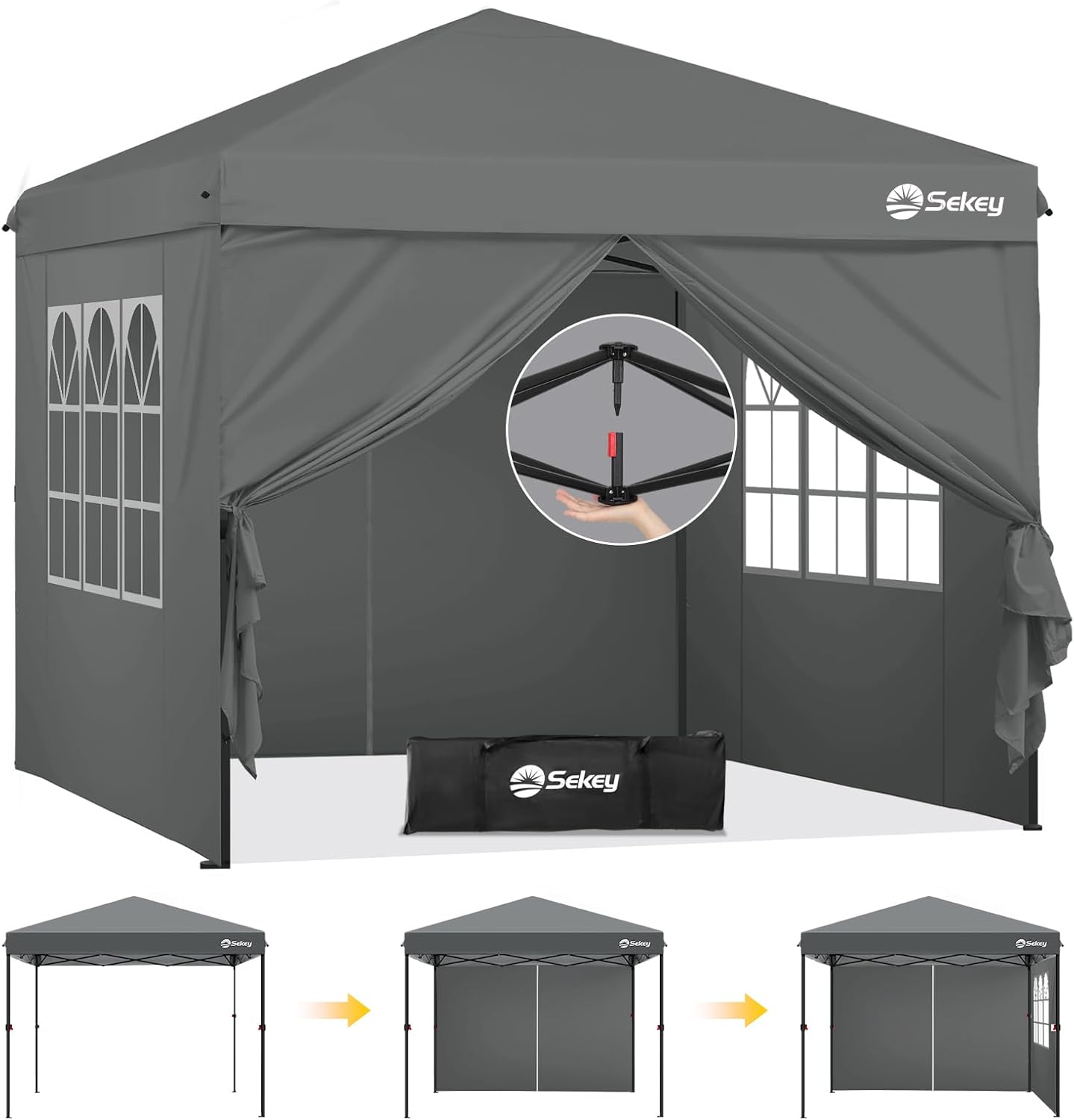 Sekey Premium Pop Up Pavillon 3x3 Wasserdicht Stabil, 3 x 3 m Pavillon mit Seitenwänden, Faltpavillon Partyzelt Faltbar für Camping Party, Höhe Verstellbar 250-270cm, (Grau, Mit Seitenwänden)