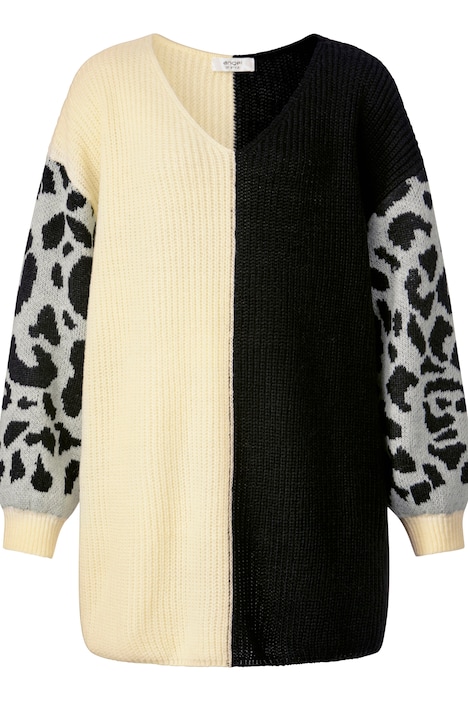 Long-Pullover, oversized, Rippstrick, Leo-Ärmel, V-Ausschnitt