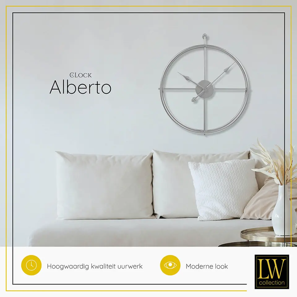 LW Collection Wandklok Alberto zilver 62cm