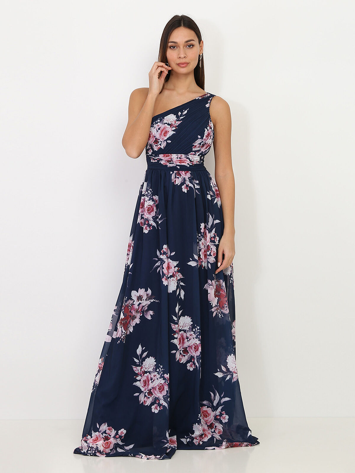 Robe longue asymétrique à fleurs- Bleu marine