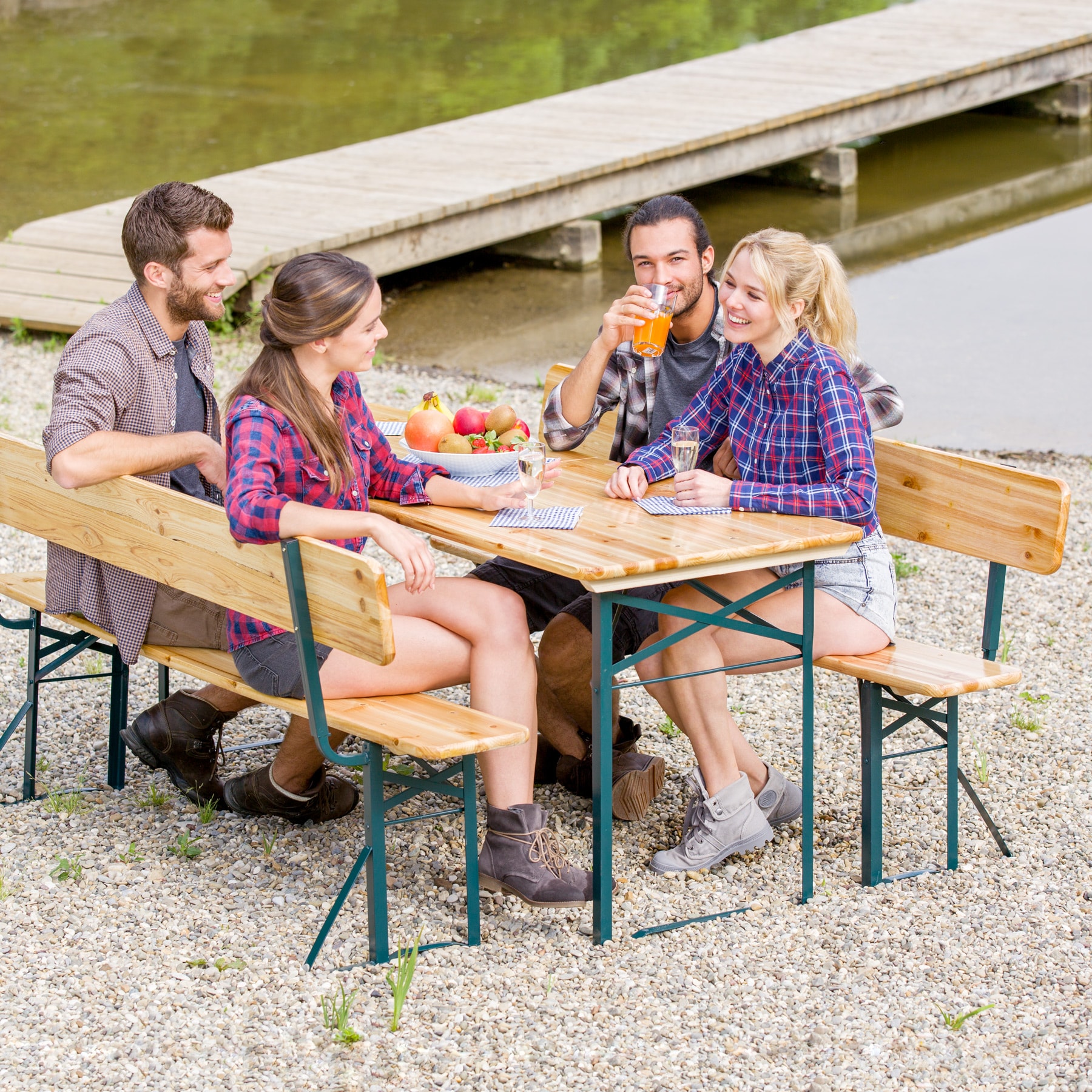 tectake® Bierzeltgarnitur, 3-teilig, belastbar, Holzlackierung mit Klarlack