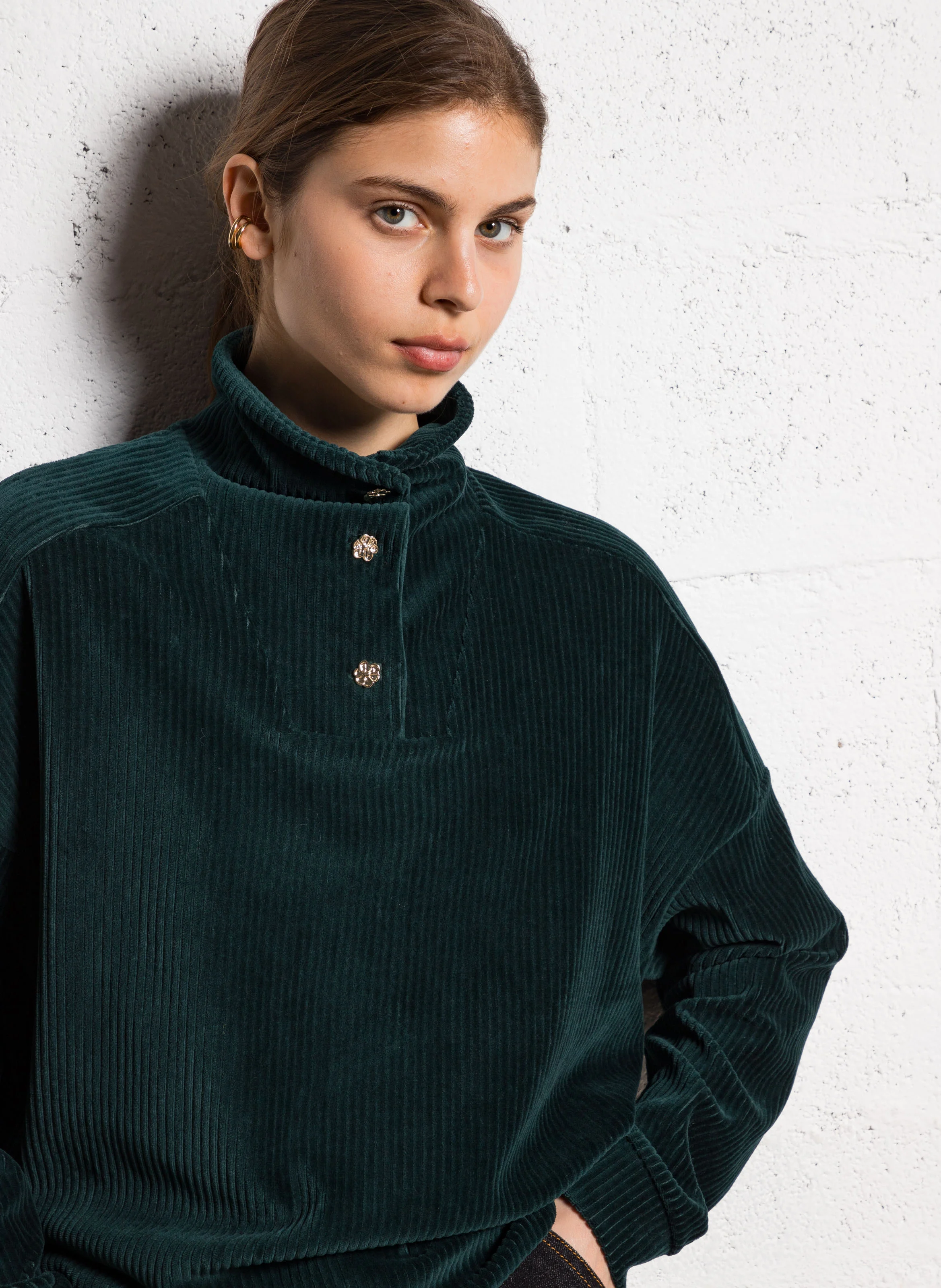 Sweat col montant boutonné en coton mélangé| Vert