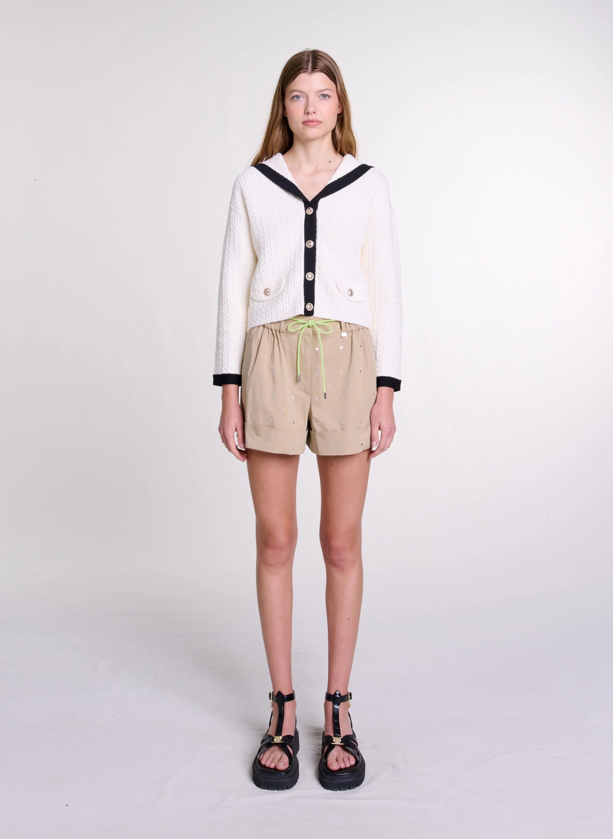 Cardigan court col marin en coton texturé | Beige