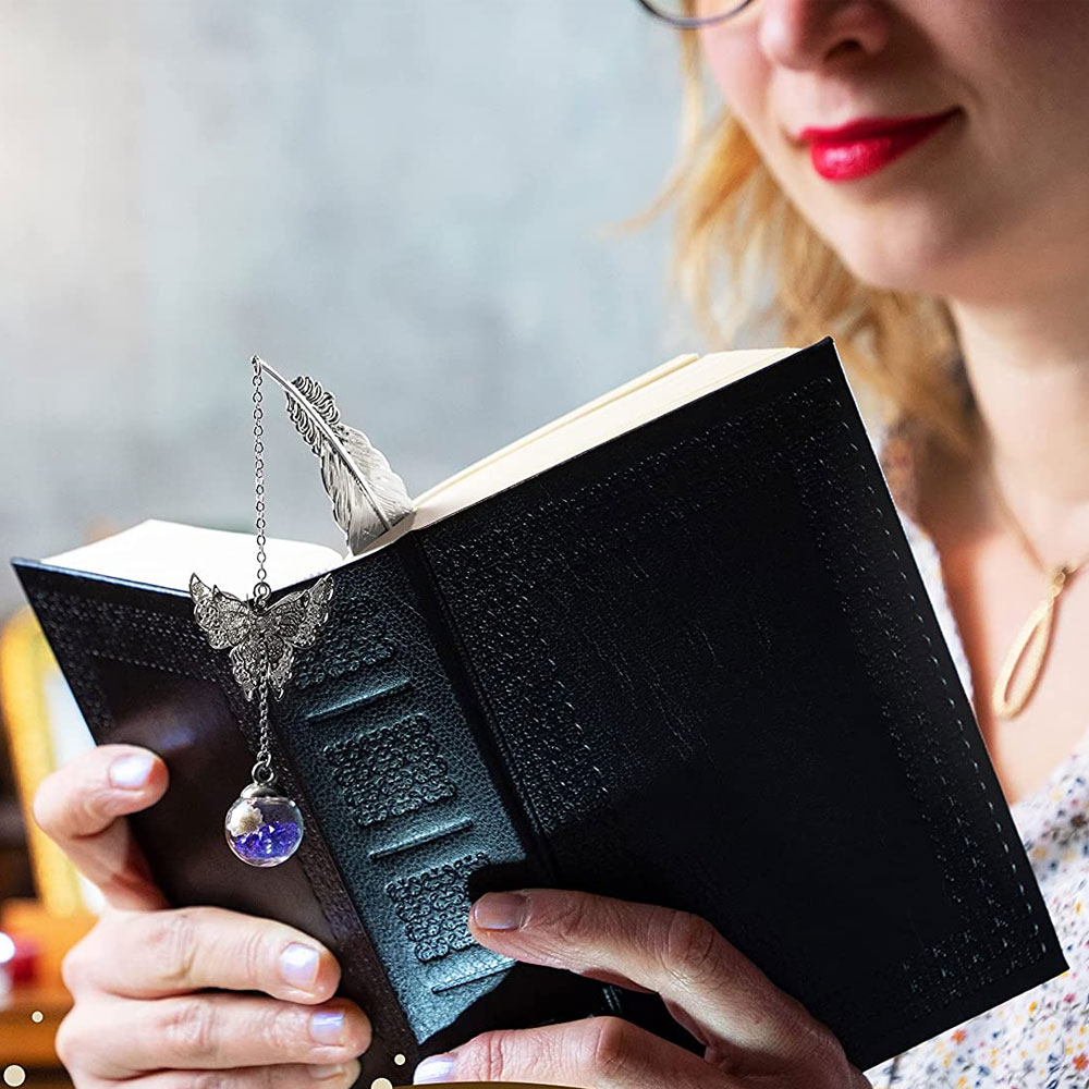 Metall Buch Lesezeichen Feder Seiten Markierungen mit Glasperle   3D Schmetterling - Gold / Lila