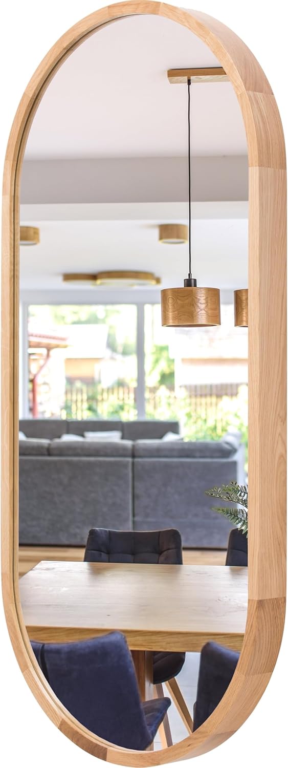 Ovaler Bad Spiegel (80x38 cm) - Wandspiegel mit Holzrahmen - Oval Spiegel mit Holz Eiche für Badezimmer, Flur, Wohnzimmer, Schlafzimmer - Stilvoller Eichenholz Badespiegel LEJA