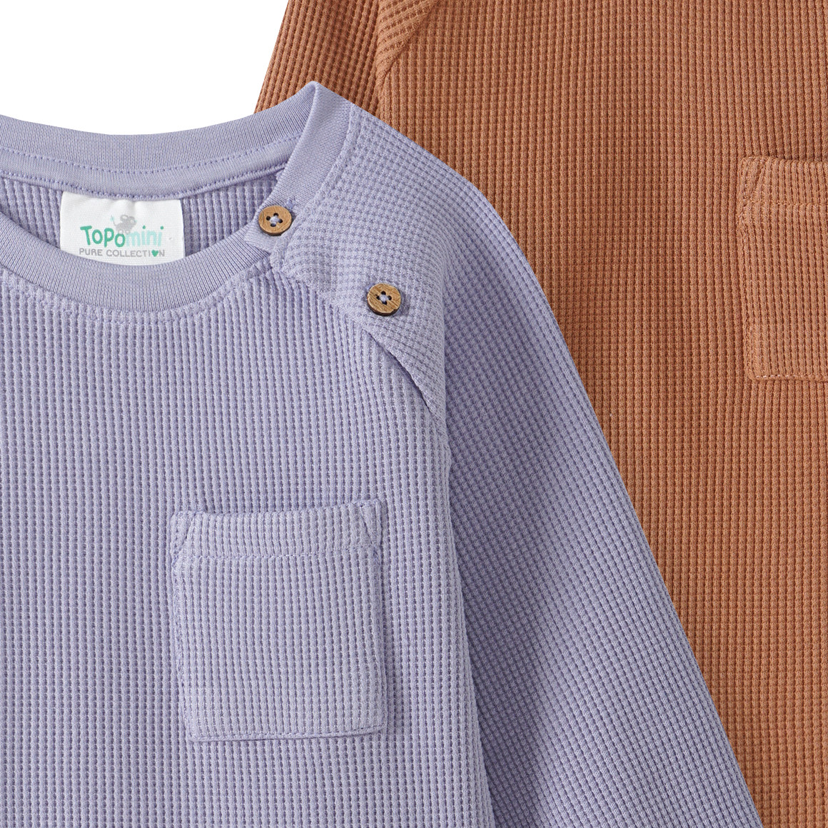 Topomini Pure Collection 2 Baby Langarmshirts aus Waffel-Piqué terracotta / hellblau