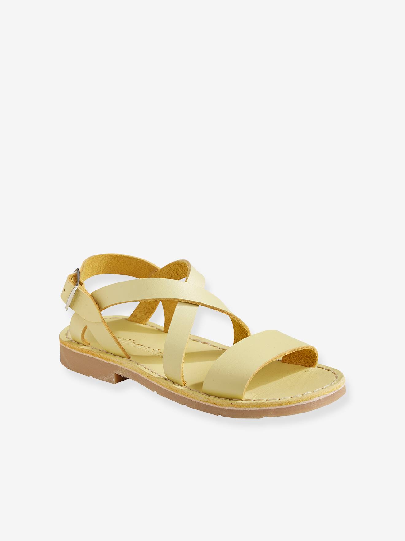 Sandálias lisas de couro curtido vegetal amarelo claro para meninas