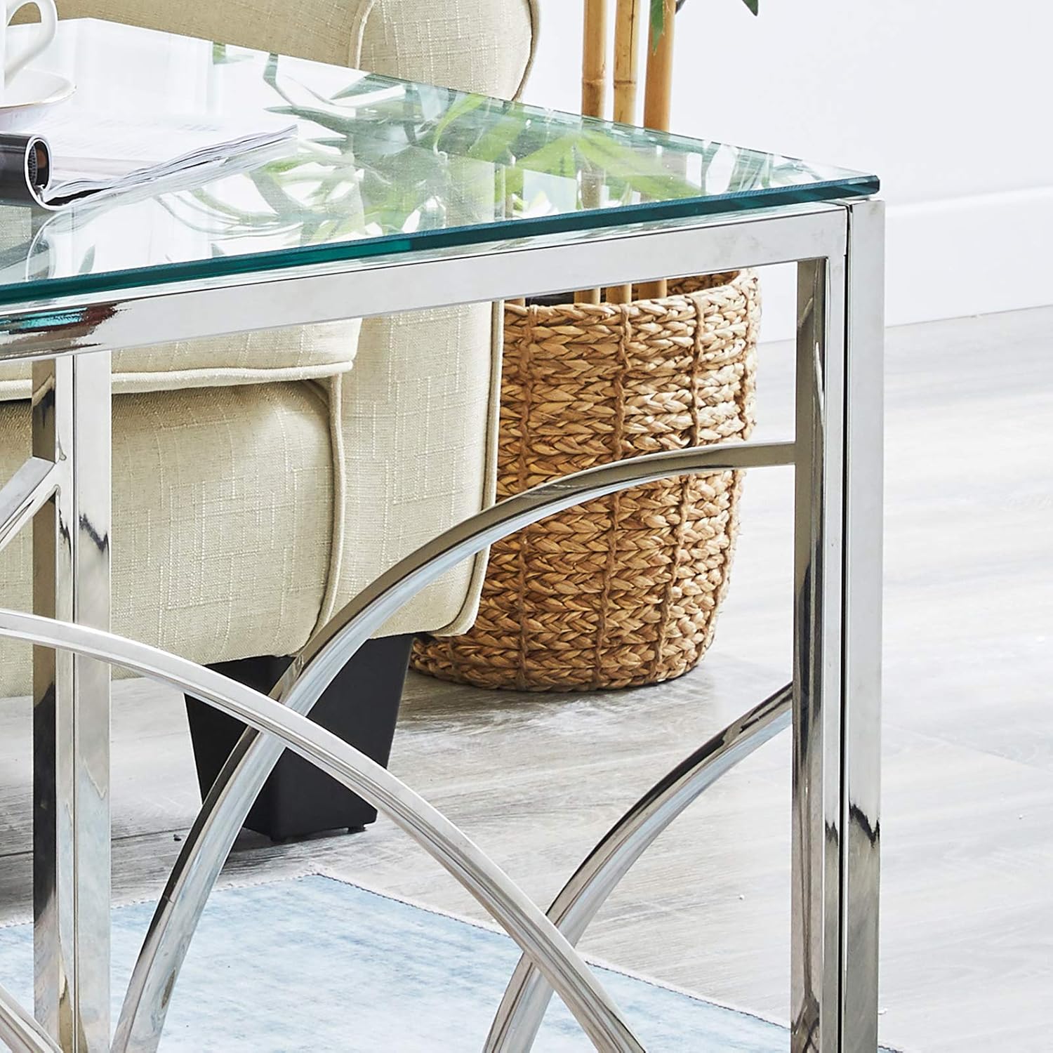 Beistelltische Couchtisch Sofatisch für Wohnzimmer, Schlafzimmer Küche Café und Bar, moderner Kaffeetisch mit Edelstahl Gestell und transparentem Hartglas (quadratisch silbern)