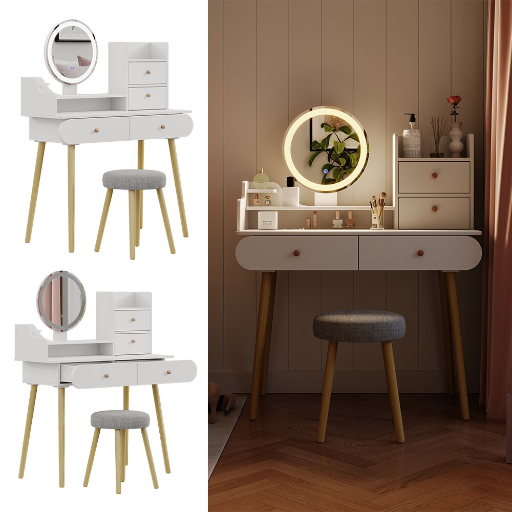 Vicco Schminktisch Edda LED-Spiegel Hocker 100 x 76 cm Weiß Frisiertisch modern