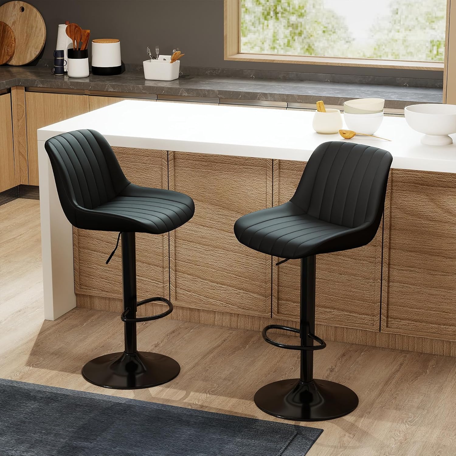 Youhauchair Barhocker 2er Set, Drehbare Barhocker mit Lehne, Höhenverstellbar aus PU-Leder, Moderner Barstuhl Küchenhocker Bar Hocker Bar Stool, Schwarz