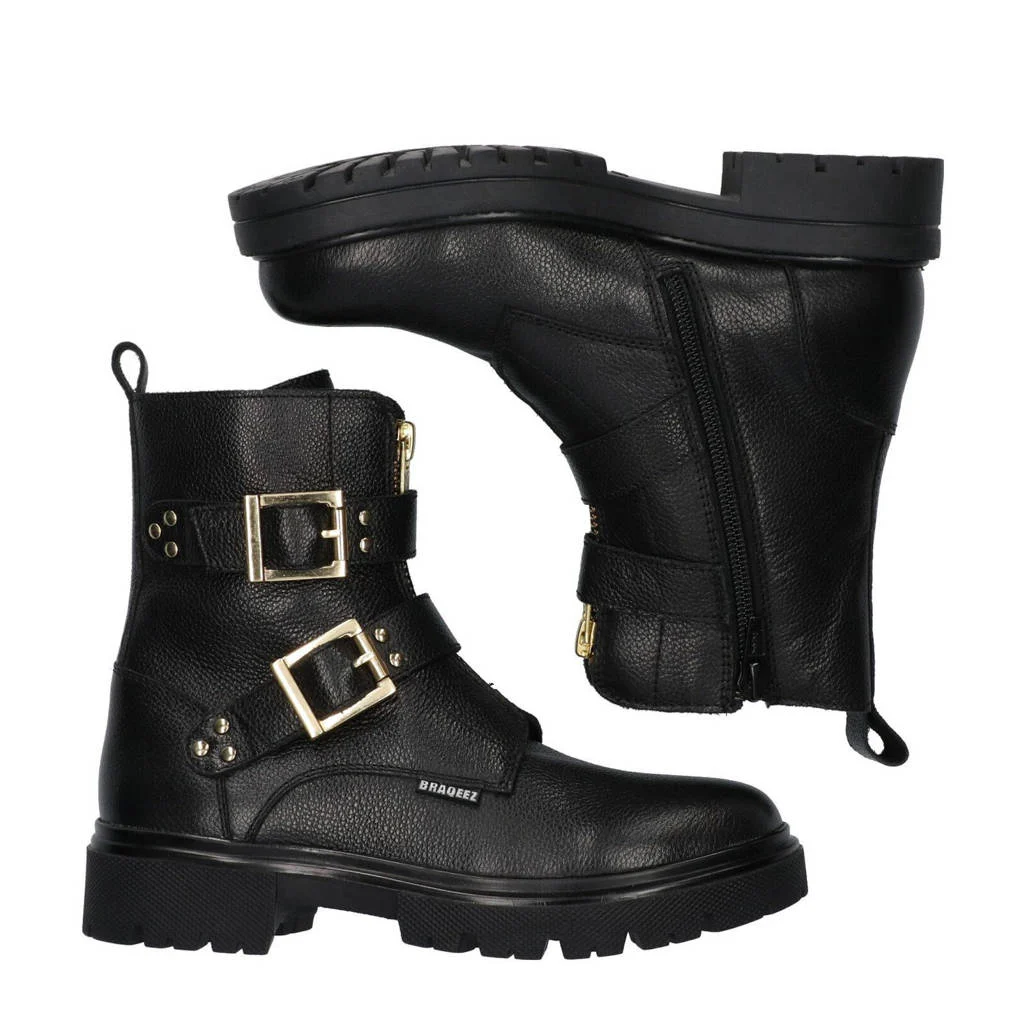 Braqeez Mila Moxiechunky leren bikerboots zwart