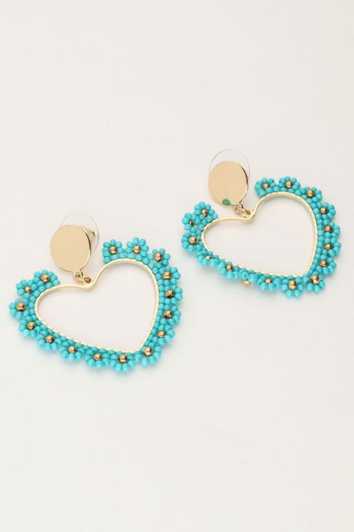 Statement oorbellen met blauw bloemetjes hart