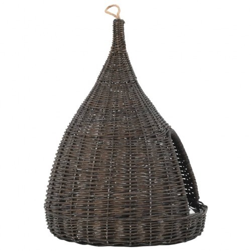 Casinha de gato cinza em formato de tipi com almofada.