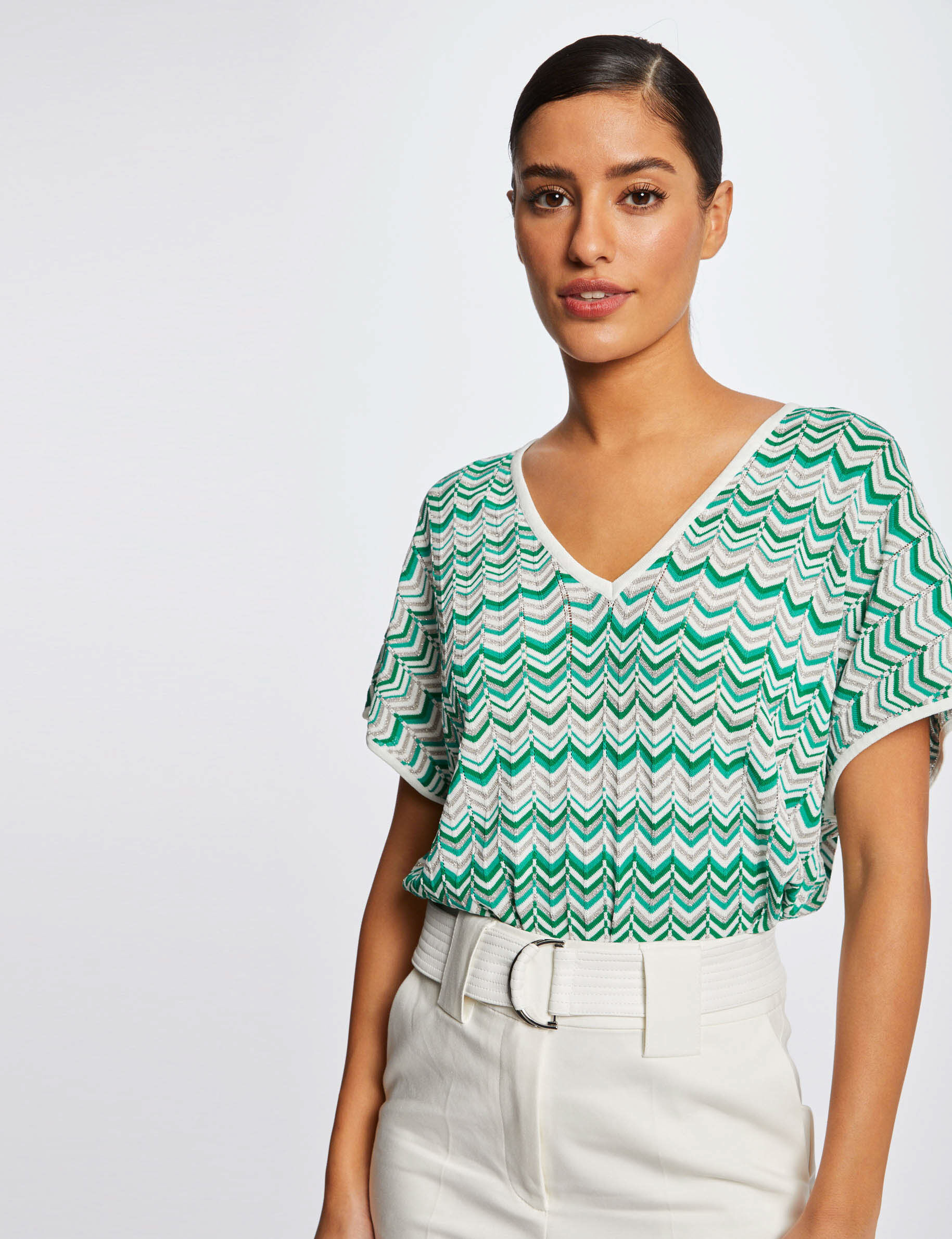 Pull manches courtes imprimé chevron vert femme - vert