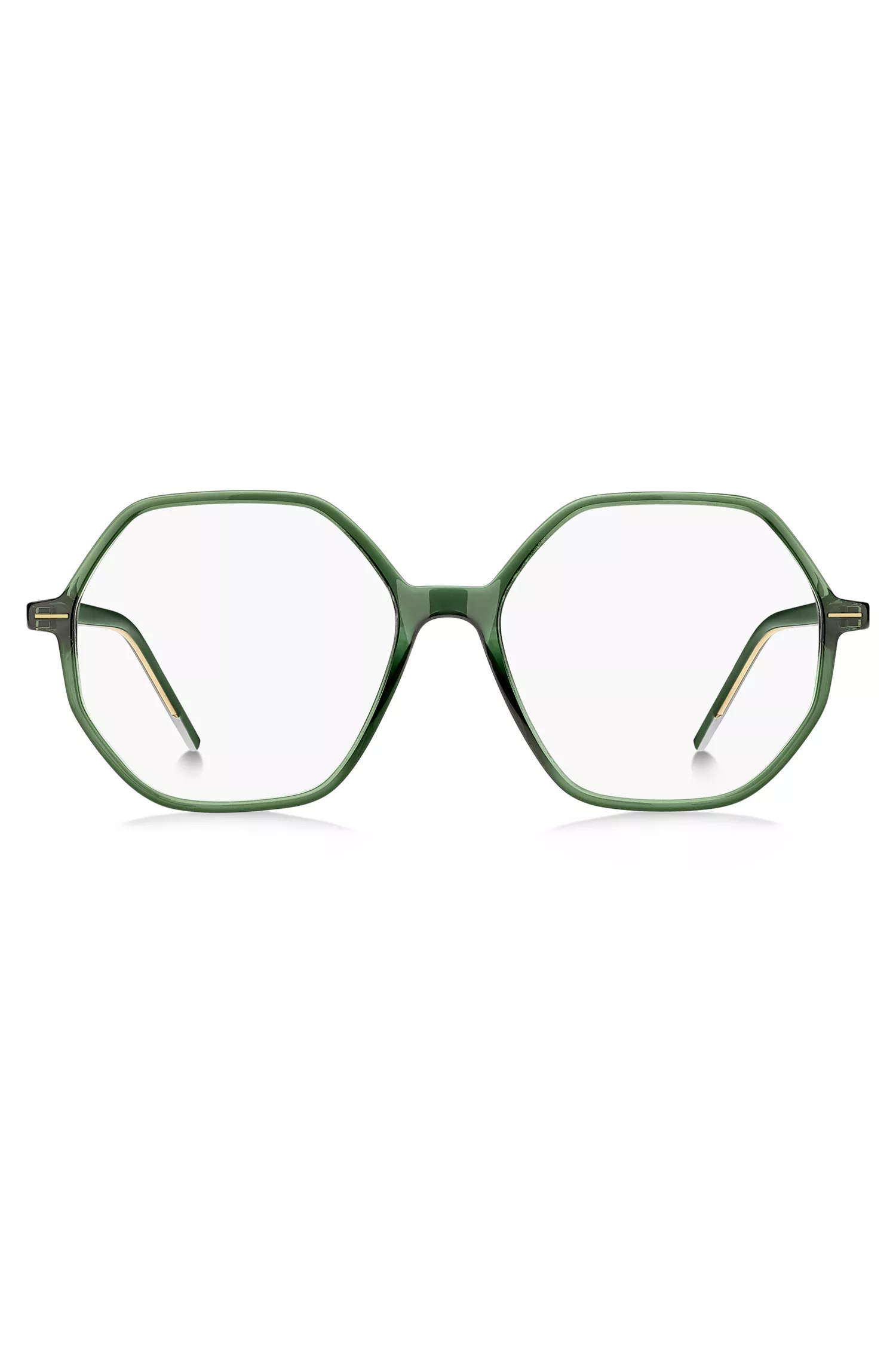 Armação de óculos BOSS em acetato preto e verde com hastes de metal listradas.