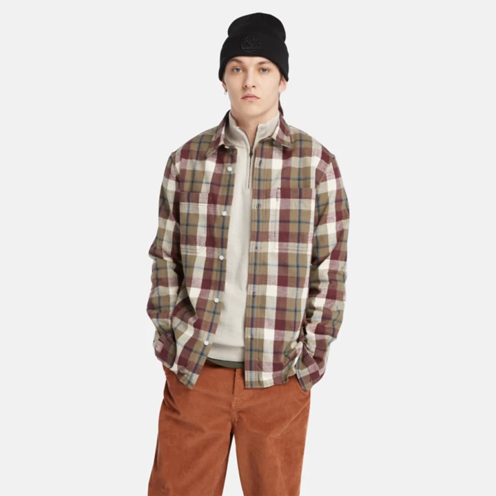 Camisa de flanela Windham para homem em tons de borgonha/cinza/bege.