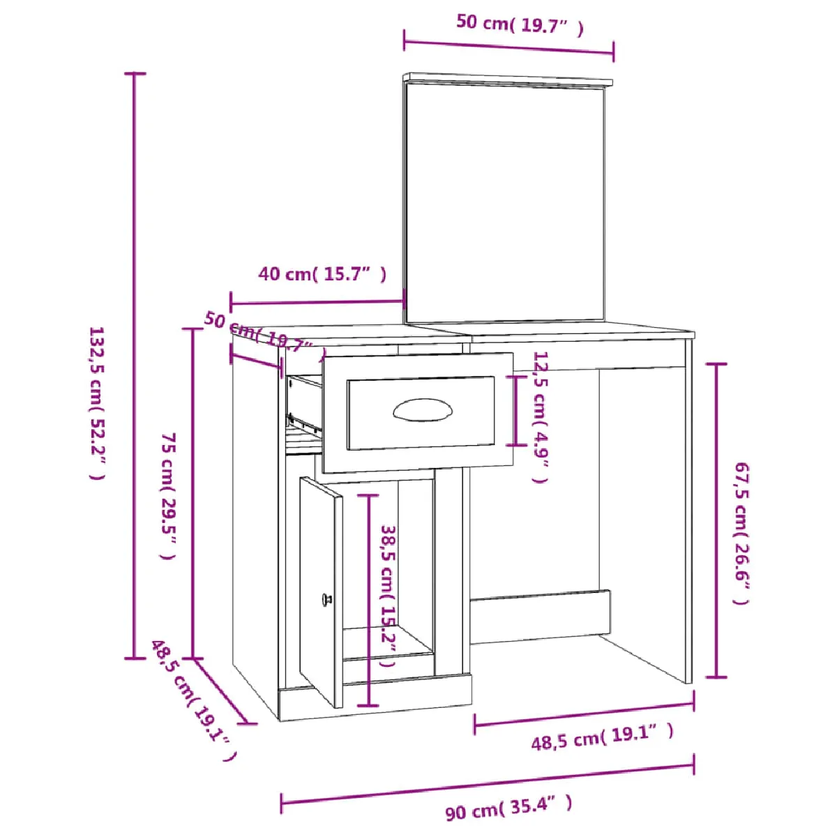 Coiffeuse grise Helloshop26 - 90 x 50 x 132,5 cm