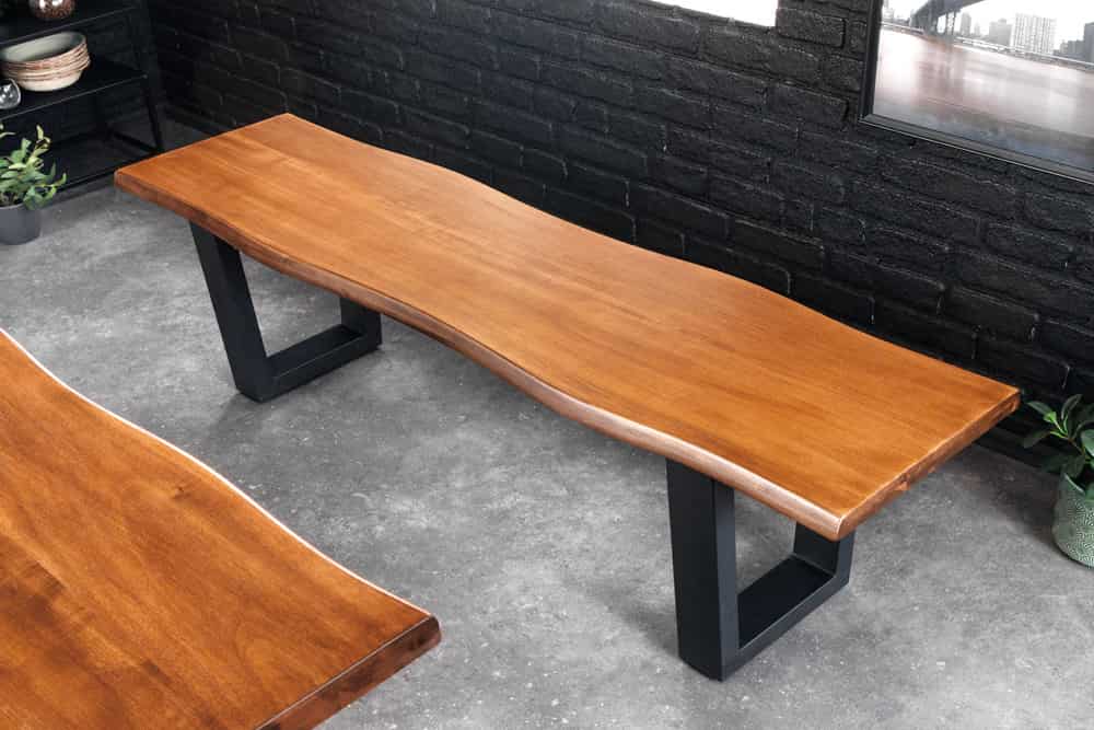 Massive Sitzbank GENESIS 160cm braun Akazienholz schwarz Metallgestell Baumkante