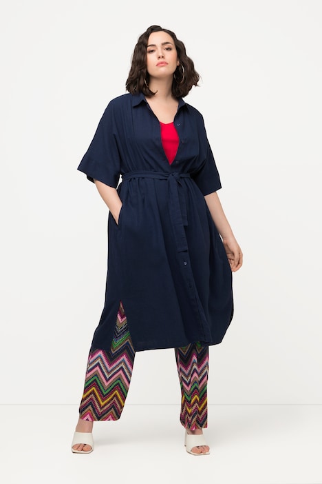 Midikleid, Leinenmix, Hemdkragen, Gürtel, Halbarm