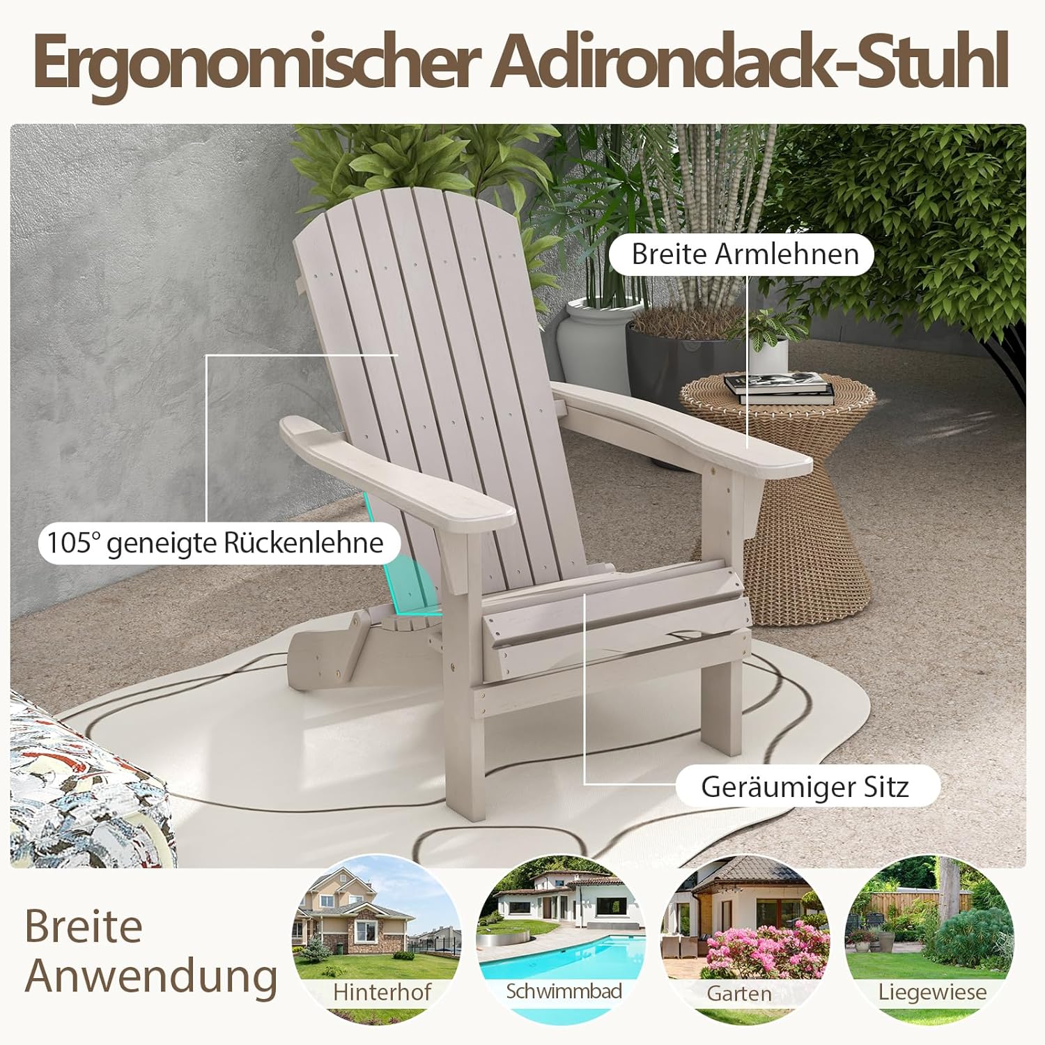COSTWAY Adirondack Stuhl klappbar, 2er Set, Adirondack Chair aus Holz, Gartensessel mit hoher Rückenlehne & Breiten Armlehnen für Garten, Terrasse, 180 kg Tragfähigkeit (Grau)