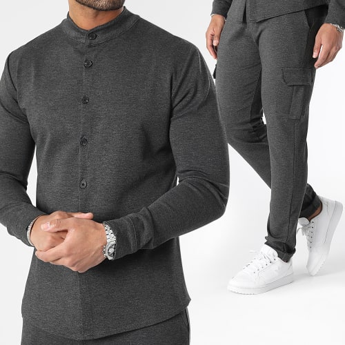 Ensemble Chemise Manches Longues Col Mao Et Pantalon Cargo 1070521 Gris Anthracite Chiné