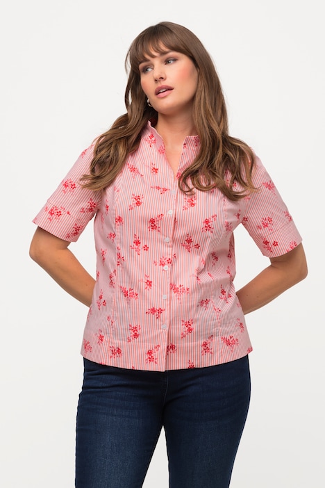 Bluse, Blüten, Streifen, Kelchkragen, Halbarm