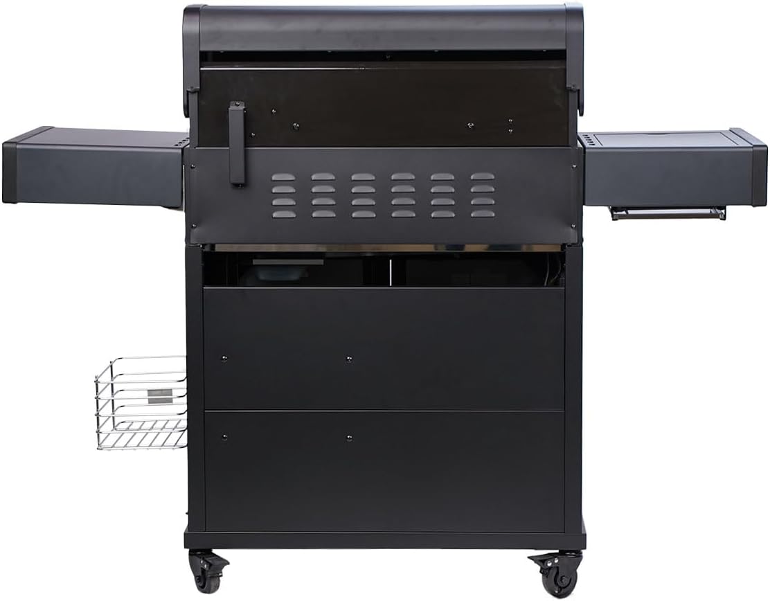 SANTOS S-418 Pro - All Black Edelstahl-Gasgrill - 4 Brenner - Infrarot Seitenbrenner - Heckbrenner - XXL Warmhalterost - Beleuchtung - Top Isolierung