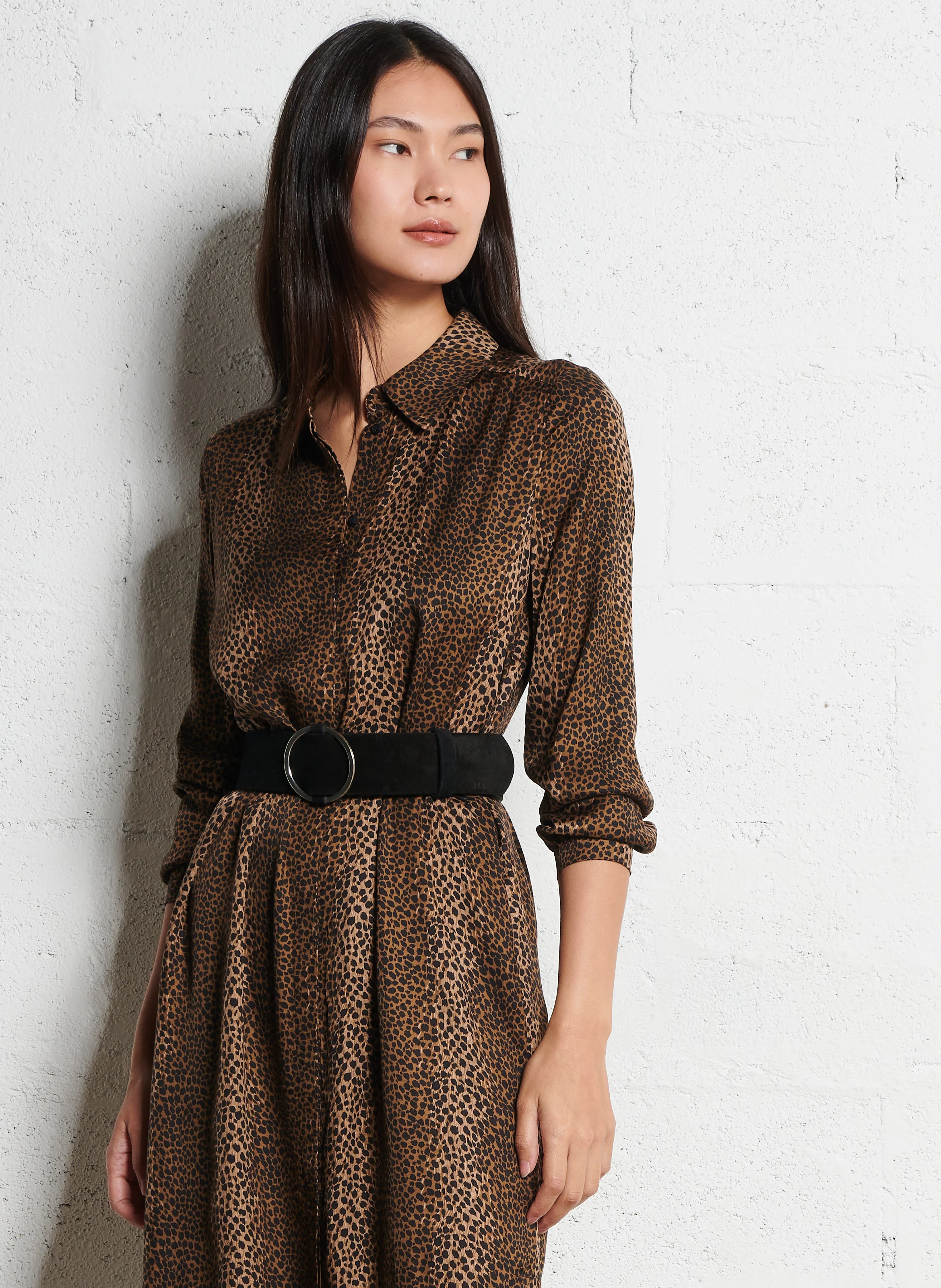 MONICA - Robe longue droite à motif léopard| Beige