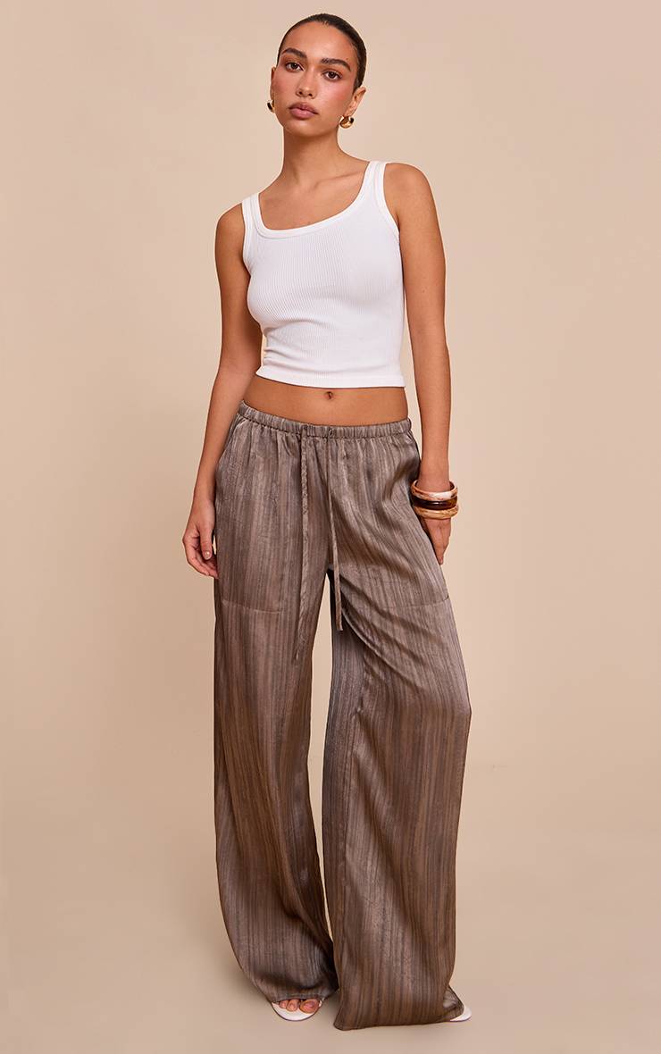 Gris Pantalon Large En Satin Imprimé Tissé Texturé