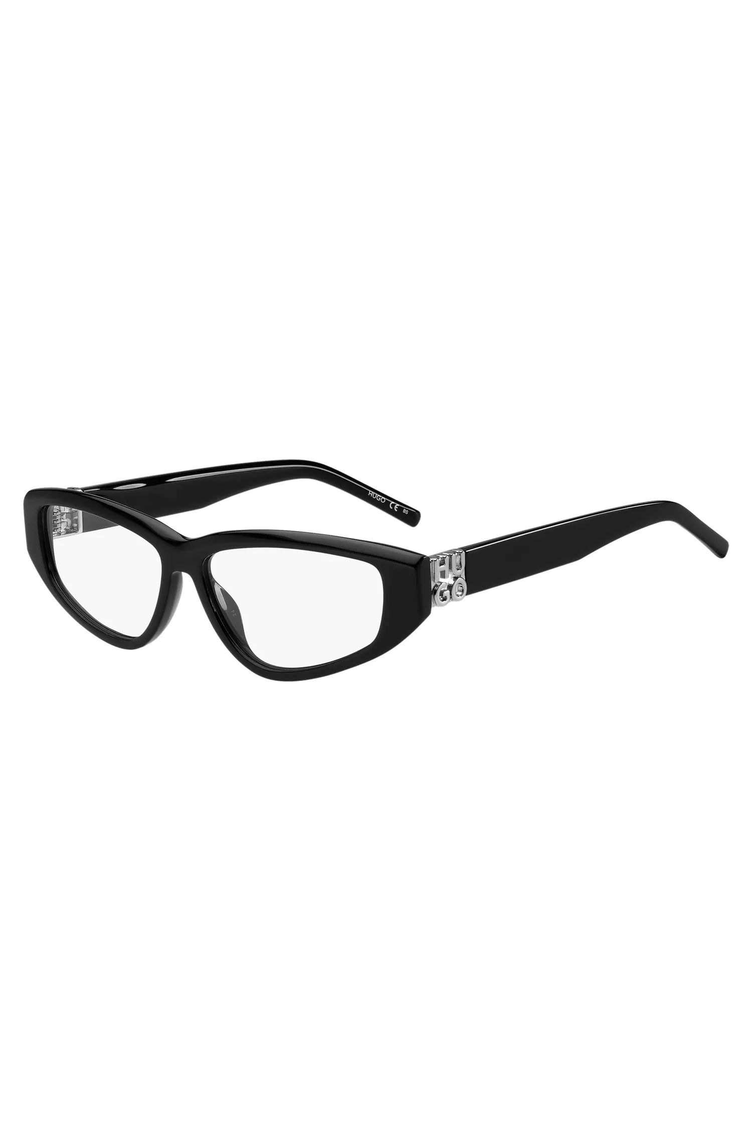 Armação de óculos HUGO em acetato vermelho e preto com monograma 3D.