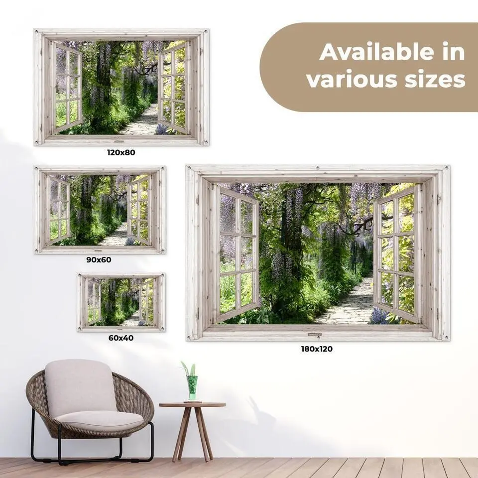 MuchoWow Tuinposter 90x60cm Blauwe regen Bloemen Doorkijk
