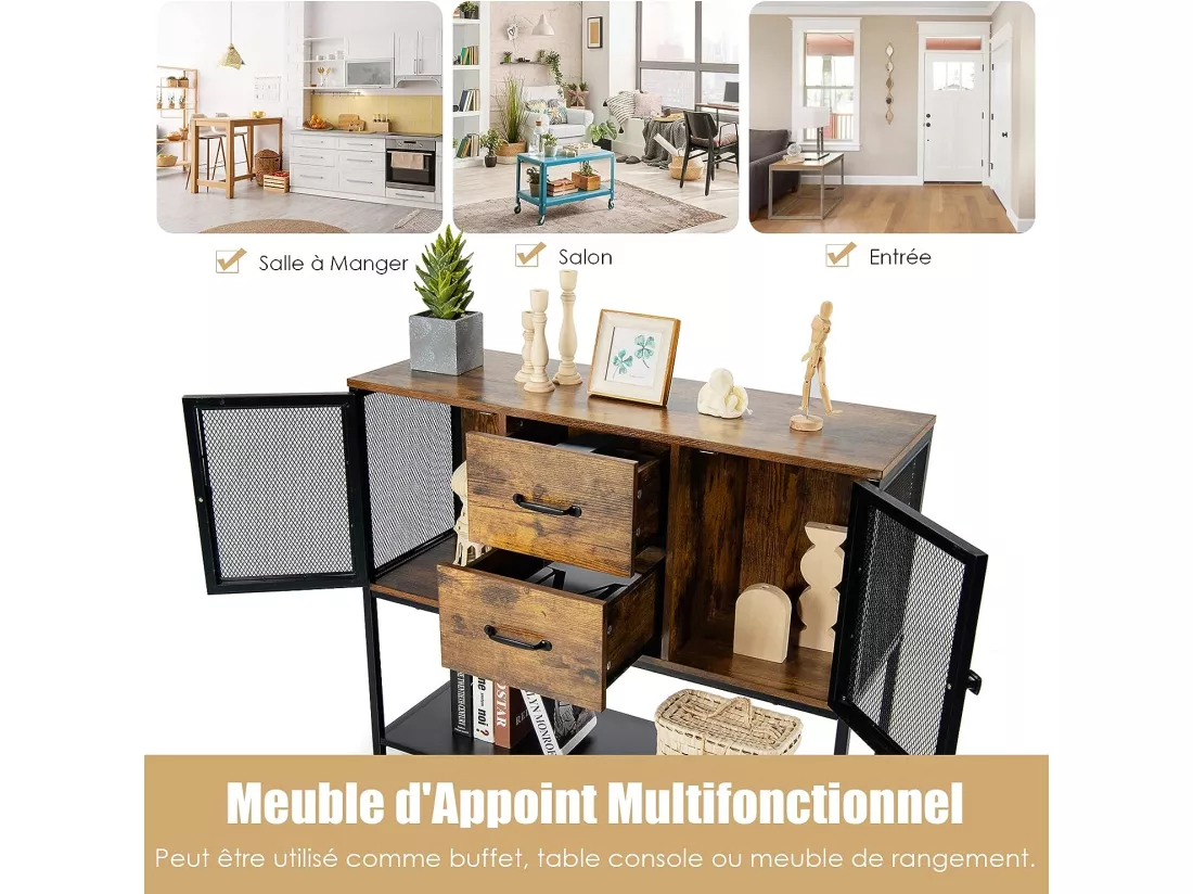 Buffet Salle à Manger, Buffet Salon Industriel avec 2 Placards, 2 Tiroirs, 2 Portes en Maille Fer, Meuble Cuisine Rangement, Marron Rustique, 100 X 35 X 85 CM