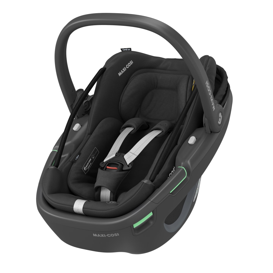 Coral 360 0 - 12 M  40 - 75 cm   0 - 12 kg    Intuitive FlexiSpin-Drehung mit nur einer Hand |    Der erste modulare Baby-Autositz |    Ultraleichtgewicht |    „Easy-in”-Gurt |