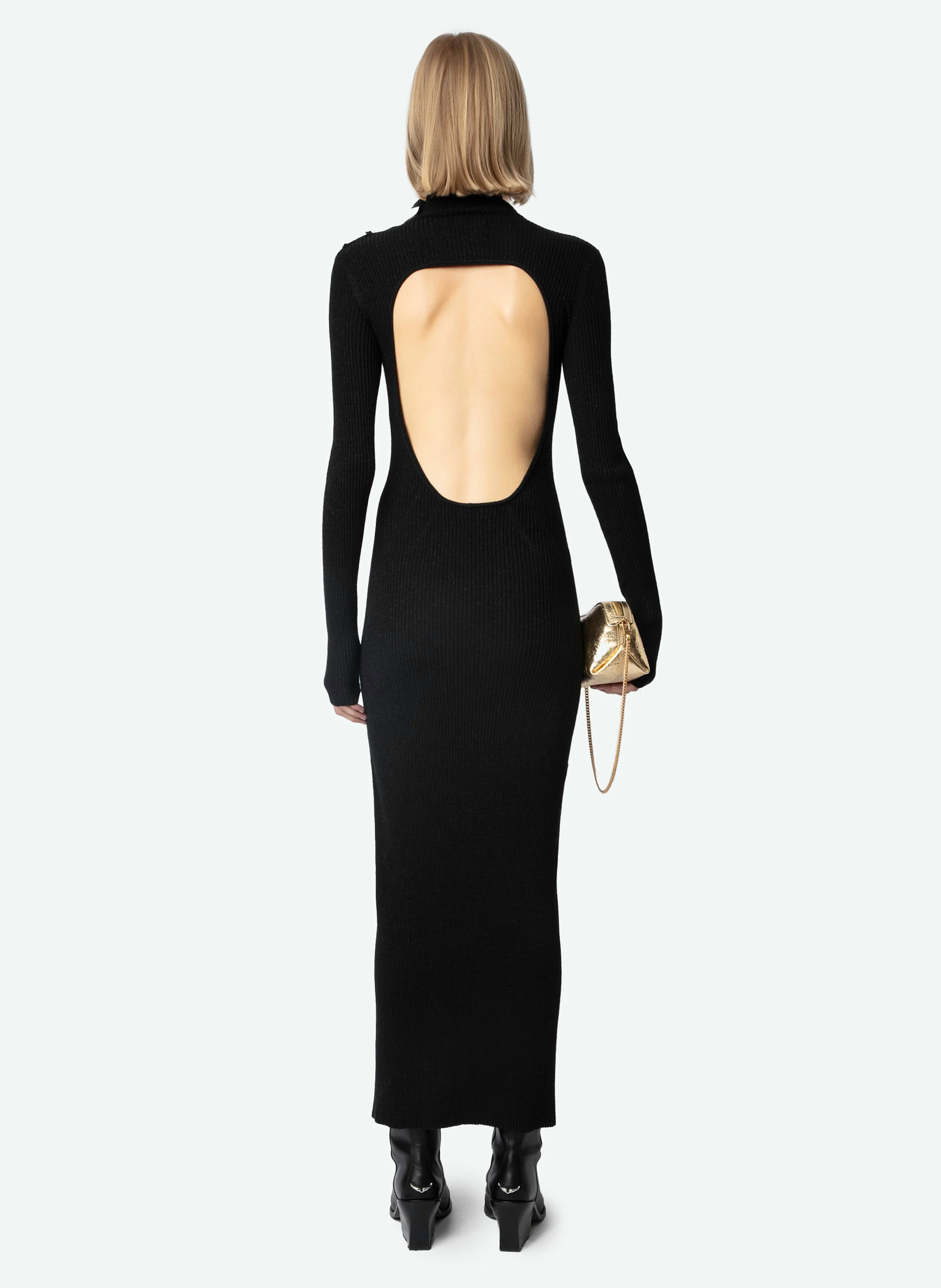 MIREILLE - Robe longue dos nu en laine mélangée | Noir