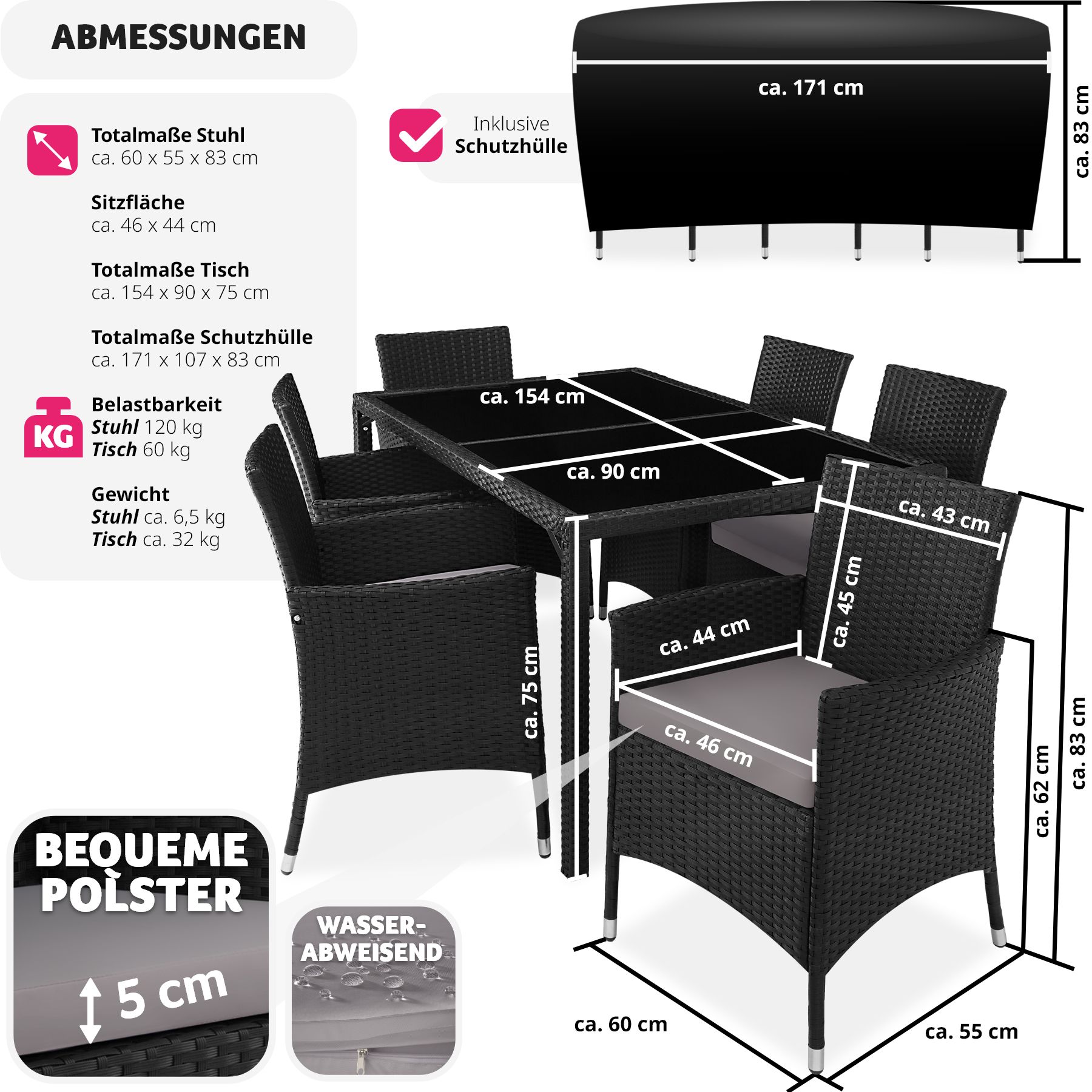 tectake® Rattan Sitzgruppe, für 6 Personen, UV-beständig, inklusive Schutzhülle